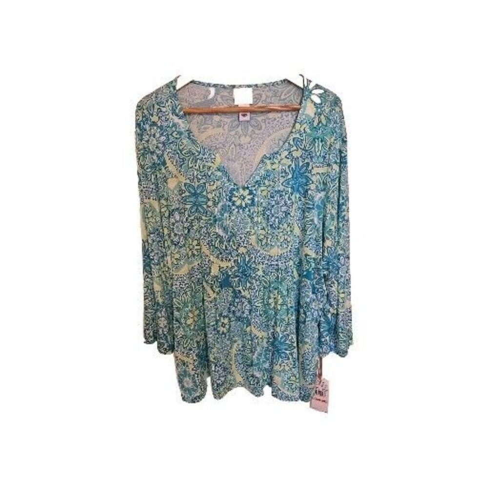Ruby Rd Womens Top 2X Blue, Green, Yellow Floral Pleated Long Sleeves NWT